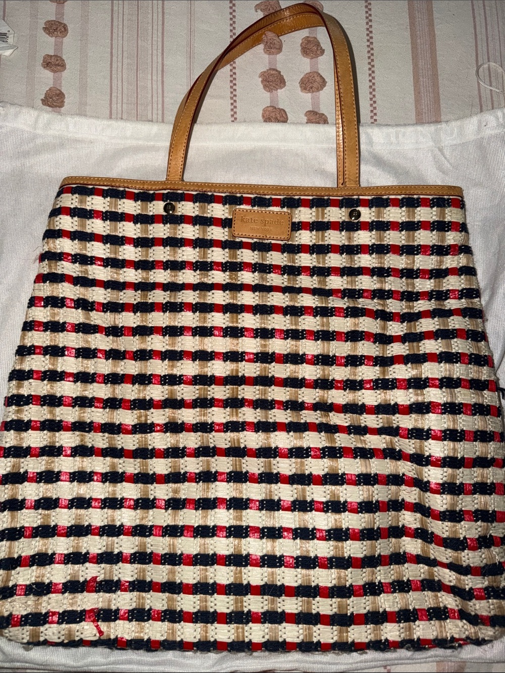 Vintage kate spade Red, Navy & Cream Woven Tote with Tan Leather Trim
